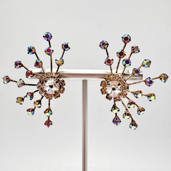 Vintage AB Rhinestone Spray Earrings Mid-Century Atomic Statement Vintage Bride - Picture 2 of 10